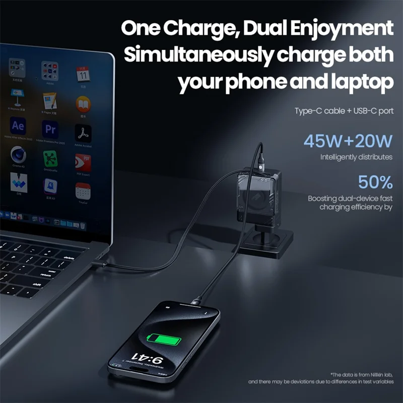 NILLKIN Icecore 65W GaN Fast Wall Charger with Retractable USB-C Cable for Travel, EU Plug - Black