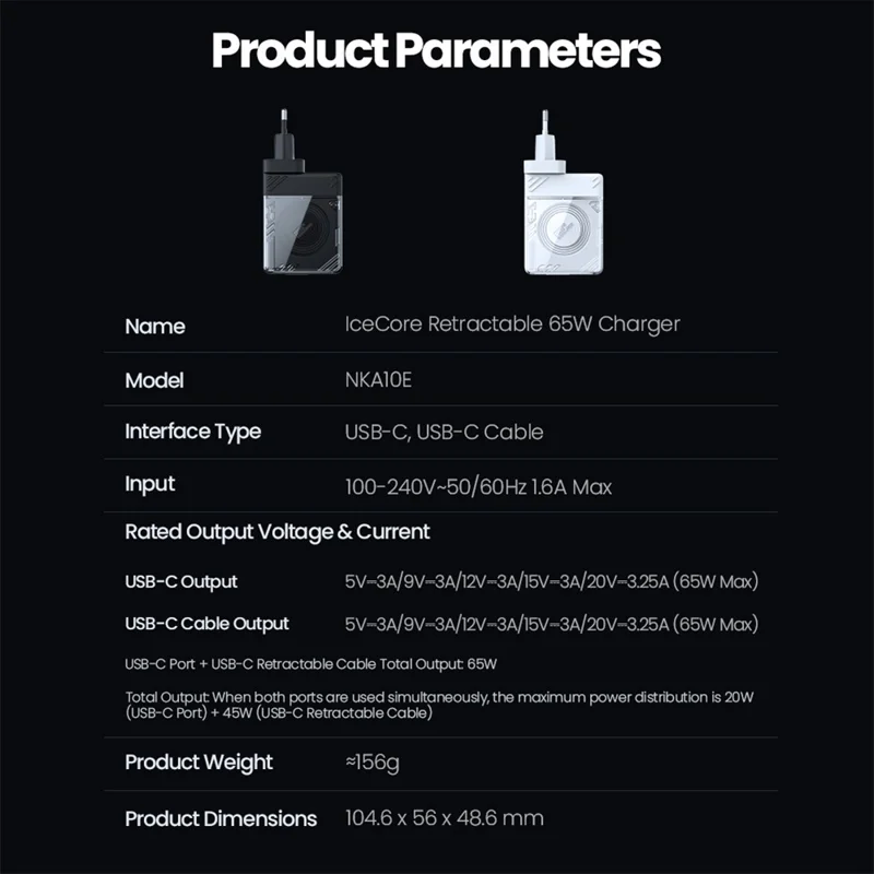 NILLKIN Icecore 65W GaN Fast Wall Charger with Retractable USB-C Cable for Travel, EU Plug - Black