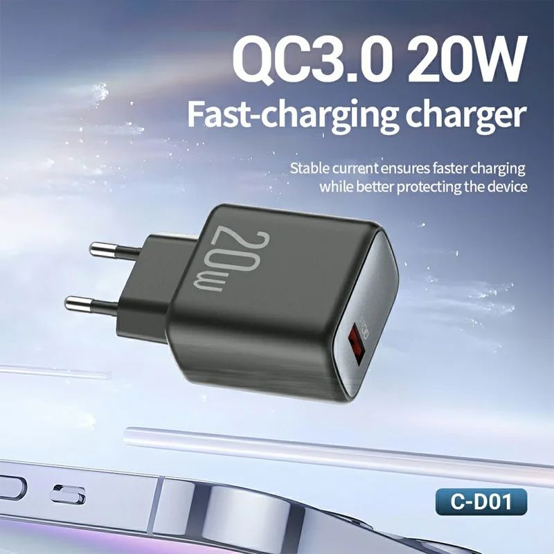 CELEBRAT C-D01 20W QC3.0 USB-A Fast Charger EU Plug Portable Wall Charger for Smartphones