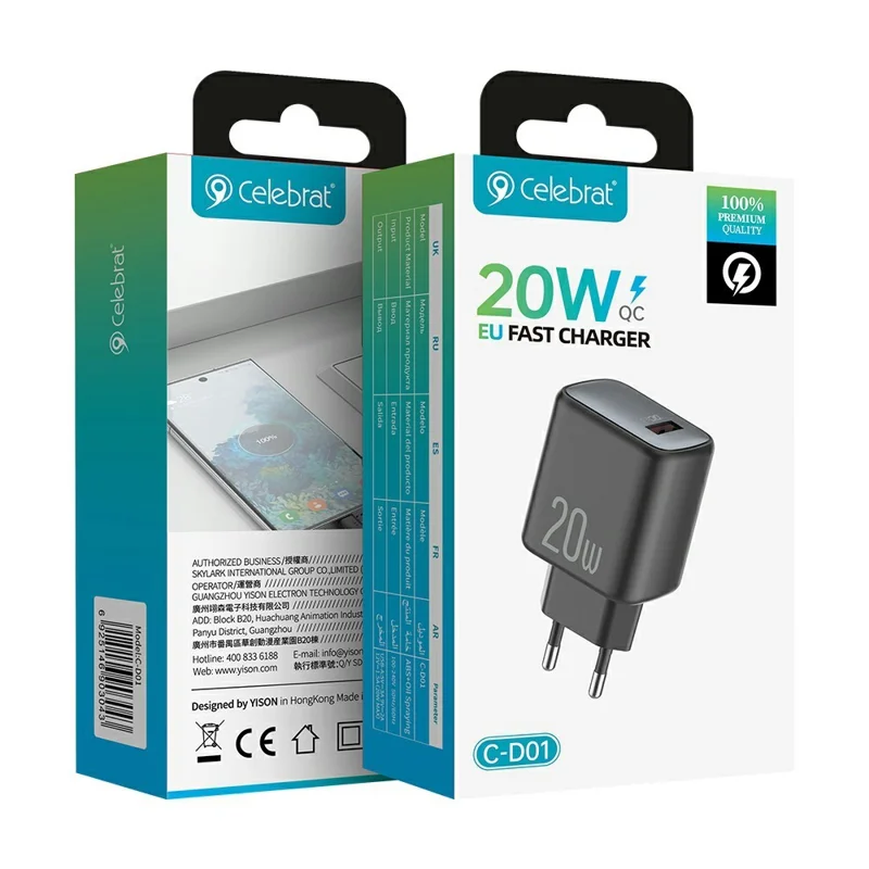 CELEBRAT C-D01 20W QC3.0 USB-A Fast Charger EU Plug Portable Wall Charger for Smartphones