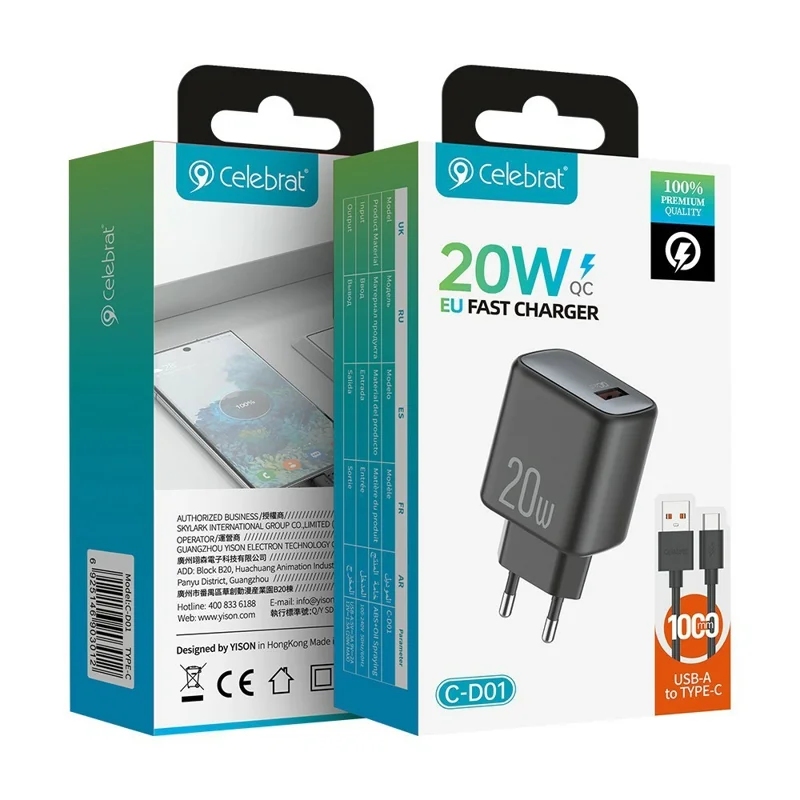 CELEBRAT C-D01 20W QC3.0 USB-A Fast Charger EU Plug Portable Wall Charger with 1m Cable - USB to Type-C Cable