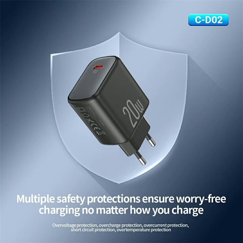CELEBRAT C-D02 PD 20W Fast Charger Type-C Output EU Plug Travel Charger with 1m Cable - Type-C to Type-C Cable