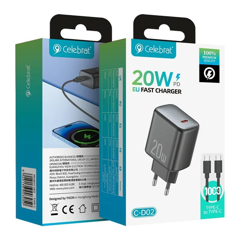 CELEBRAT C-D02 PD 20W Fast Charger Type-C Output EU Plug Travel Charger with 1m Cable - Type-C to Type-C Cable