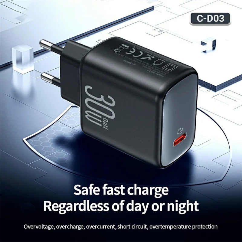 CELEBRAT C-D03 PD 30W GaN Fast Charger USB-C EU Plug Adapter with 1m Cable for Mobile Devices - Type-C to Type-C Cable