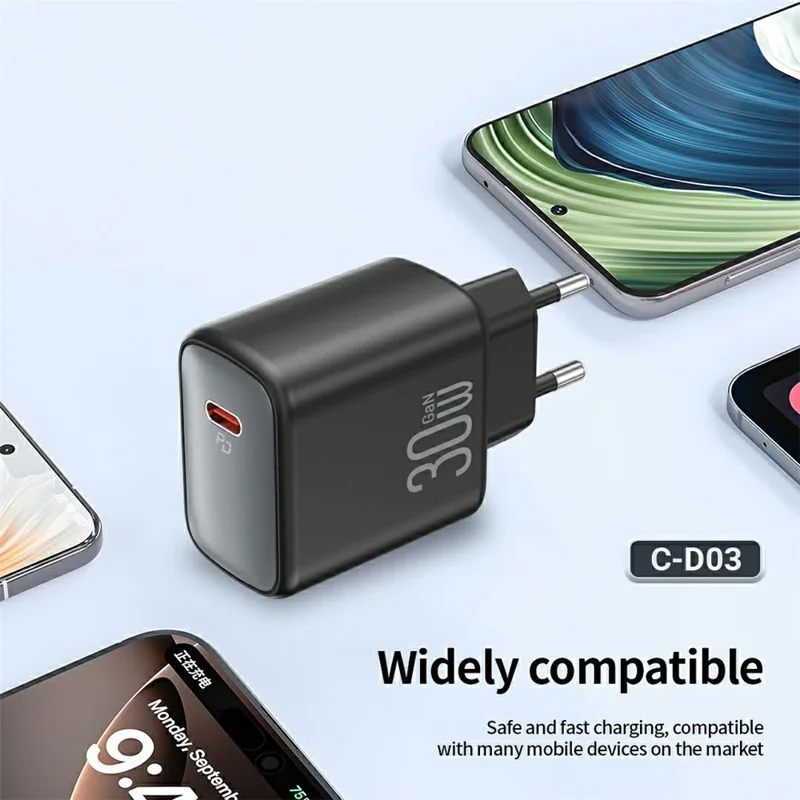 CELEBRAT C-D03 PD 30W GaN Fast Charger USB-C EU Plug Adapter with 1m Cable for Mobile Devices - Type-C to Type-C Cable