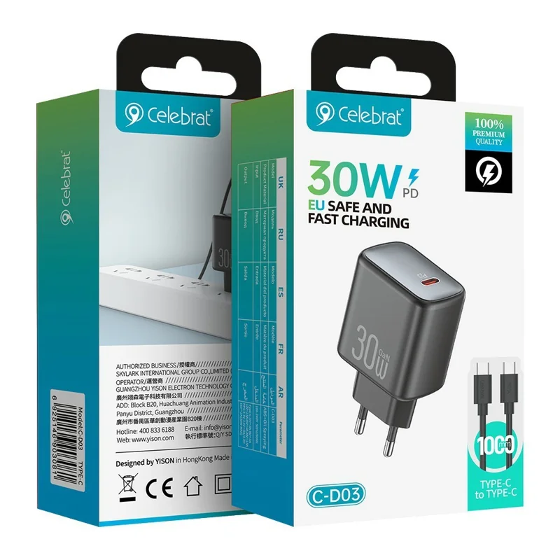 CELEBRAT C-D03 PD 30W GaN Fast Charger USB-C EU Plug Adapter with 1m Cable for Mobile Devices - Type-C to Type-C Cable