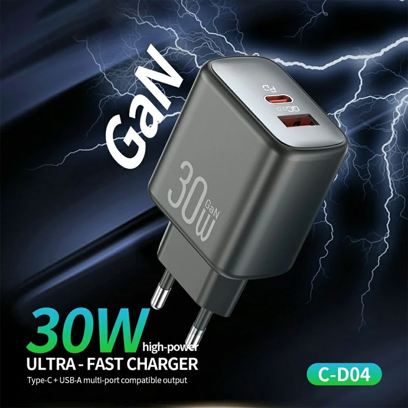 CELEBRAT C-D04 PD 30W GaN Fast Charger USB-C + USB-A Dual Port  Adapter with 1m Cable - Type-C to Type-C Cable