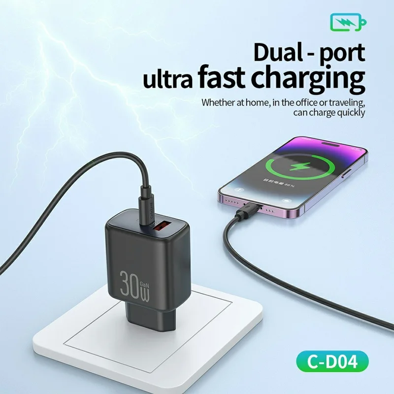 CELEBRAT C-D04 PD 30W GaN Fast Charger USB-C + USB-A Dual Port  Adapter with 1m Cable - Type-C to Type-C Cable