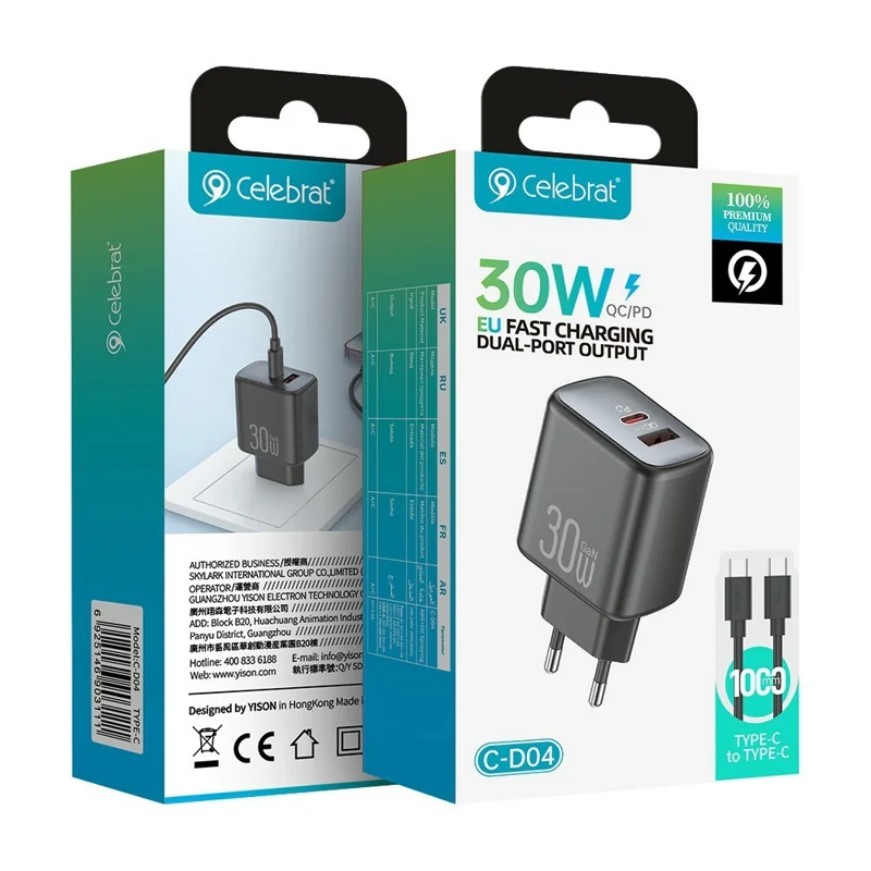 CELEBRAT C-D04 PD 30W GaN Fast Charger USB-C + USB-A Dual Port  Adapter with 1m Cable - Type-C to Type-C Cable