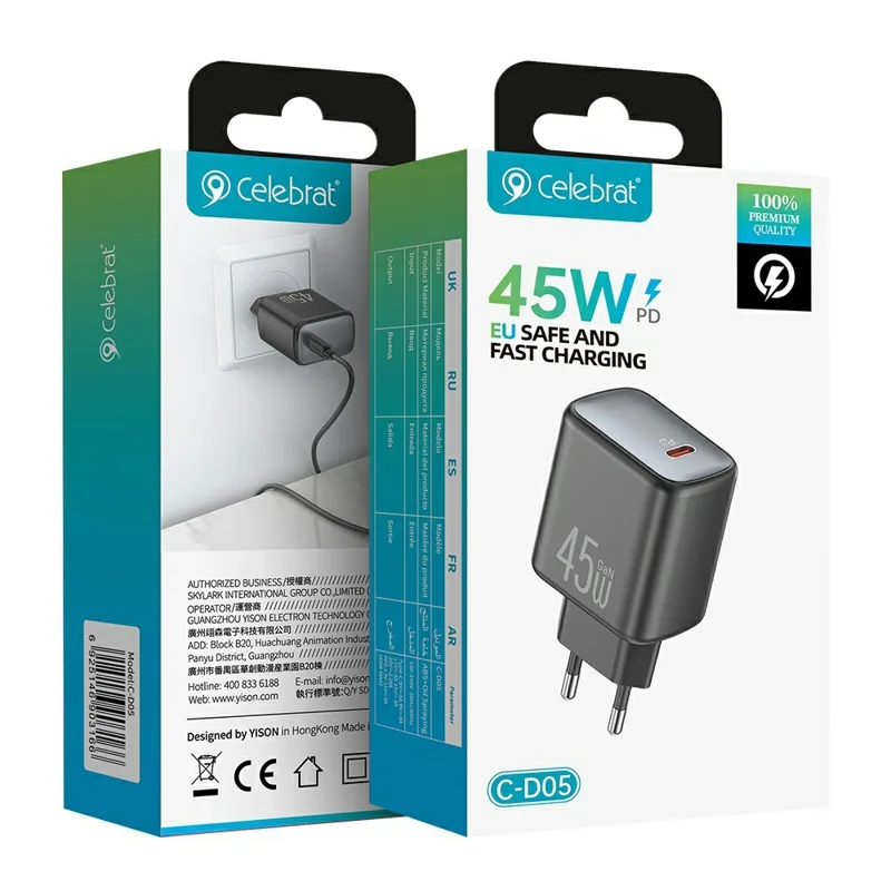 CELEBRAT C-D05 PD 45W GaN USB-C Fast Charger Portable Travel Adapter - EU Plug