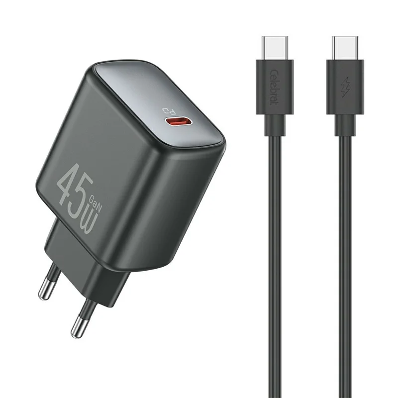 CELEBRAT C-D05 PD 45W GaN USB-C Charger EU Plug Charging Adapter with 1m Cable - Type-C to Type-C Cable