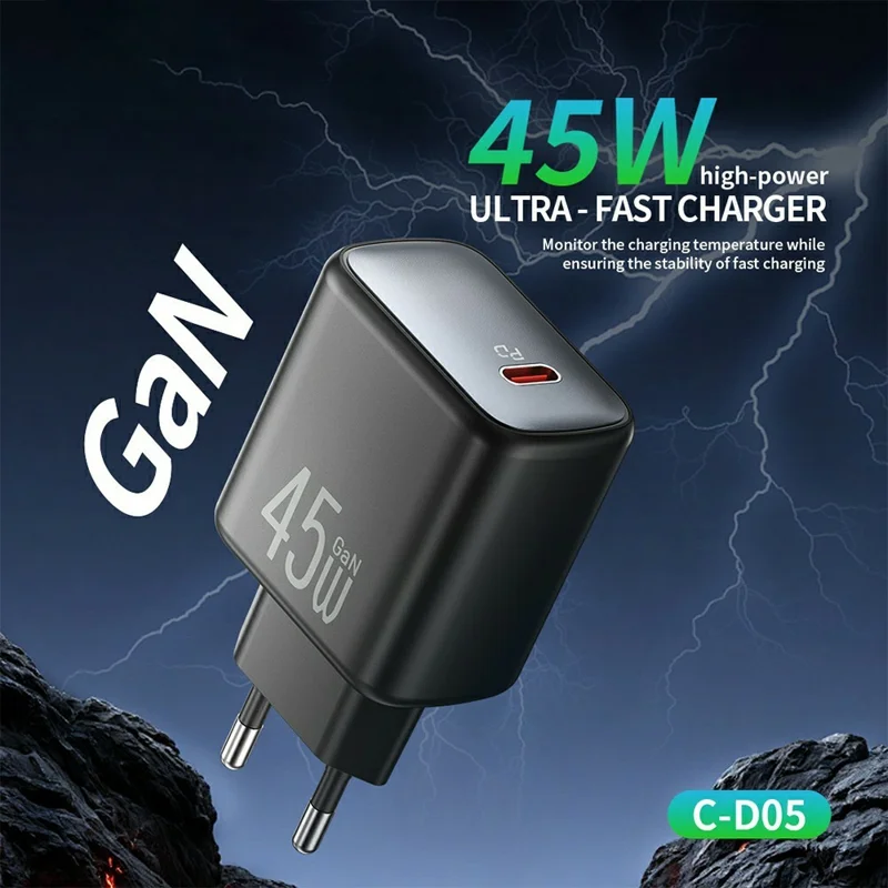 CELEBRAT C-D05 PD 45W GaN USB-C Charger EU Plug Charging Adapter with 1m Cable - Type-C to Type-C Cable