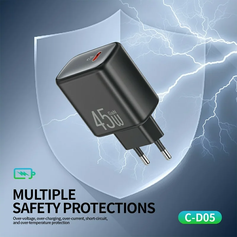 CELEBRAT C-D05 PD 45W GaN USB-C Charger EU Plug Charging Adapter with 1m Cable - Type-C to Type-C Cable