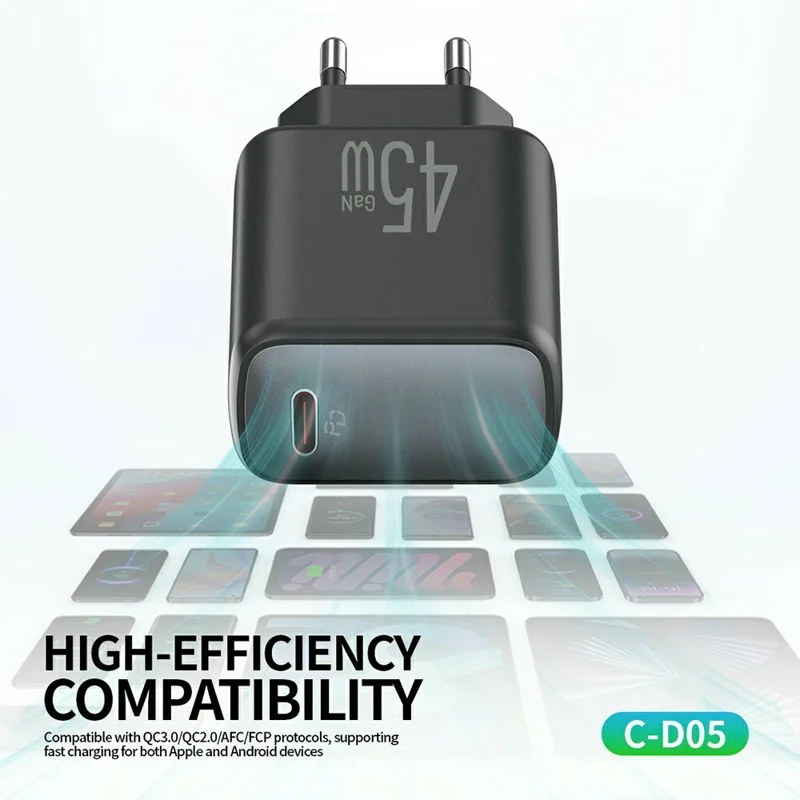 CELEBRAT C-D05 PD 45W GaN USB-C Charger EU Plug Charging Adapter with 1m Cable - Type-C to Type-C Cable
