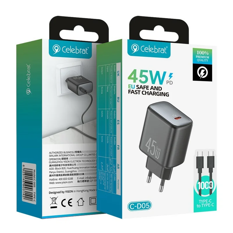 CELEBRAT C-D05 PD 45W GaN USB-C Charger EU Plug Charging Adapter with 1m Cable - Type-C to Type-C Cable