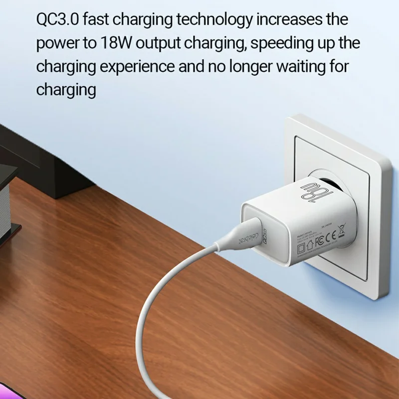 CELEBRAT C-H13 18W USB-A Fast Charger QC 3.0 Fast Charging Compact Travel Adapter - EU Plug
