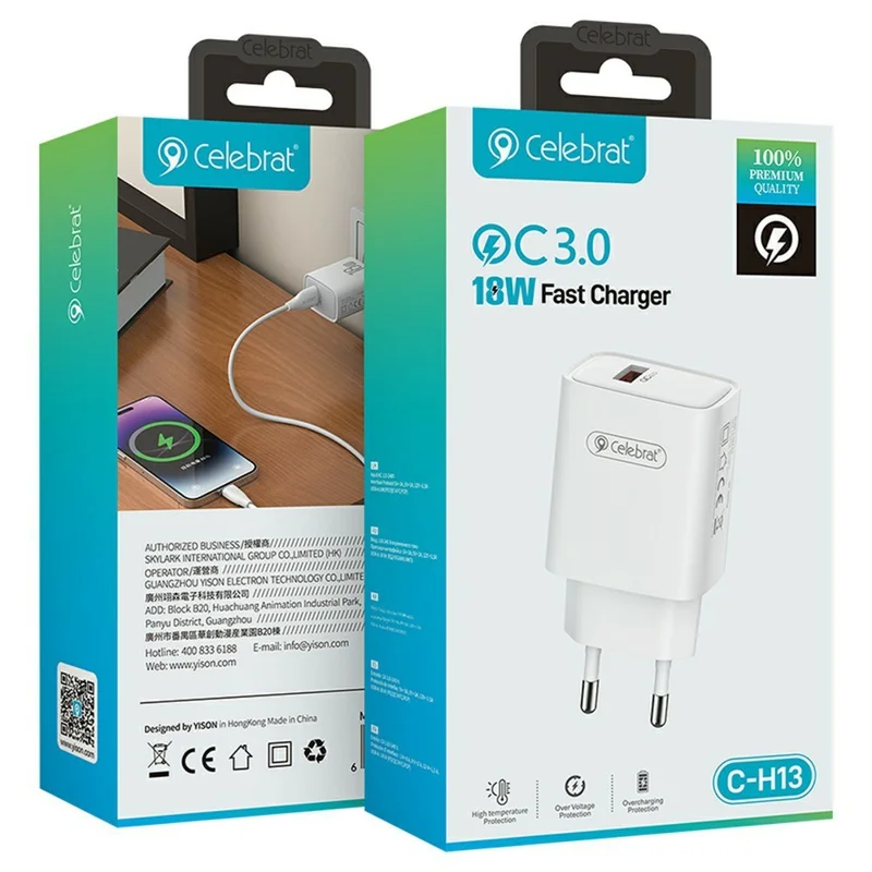 CELEBRAT C-H13 18W USB-A Fast Charger QC 3.0 Fast Charging Compact Travel Adapter - EU Plug