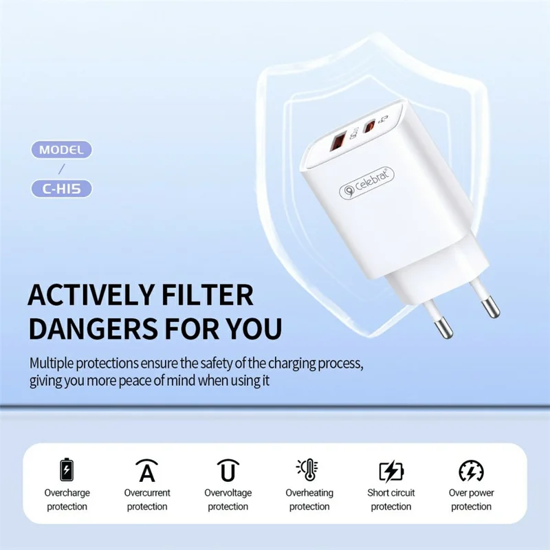 CELEBRAT C-H15 20W USB-A + Type-C Dual Port PD Fast Charger Compact Portable Charger - EU Plug