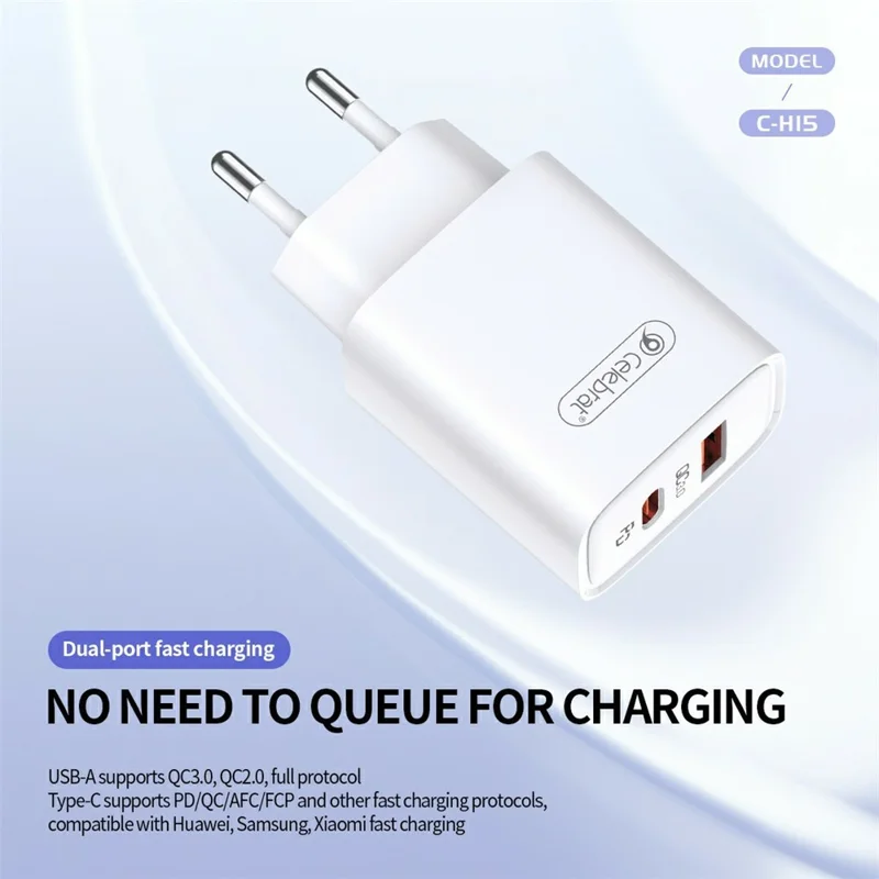 CELEBRAT C-H15 20W USB-A + Type-C Dual Port PD Fast Charger Compact Portable Charger - EU Plug