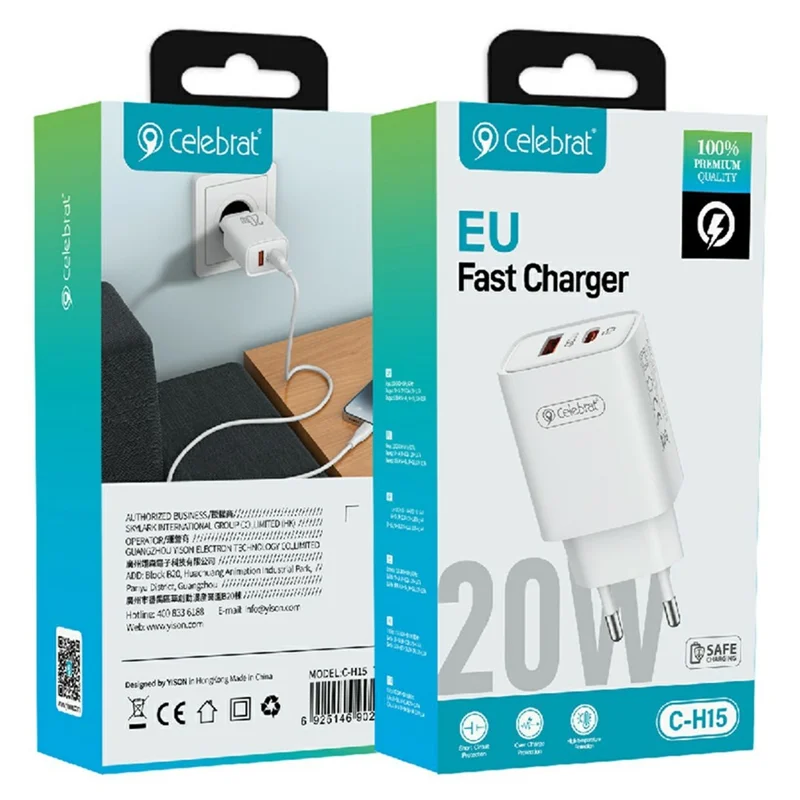 CELEBRAT C-H15 20W USB-A + Type-C Dual Port PD Fast Charger Compact Portable Charger - EU Plug