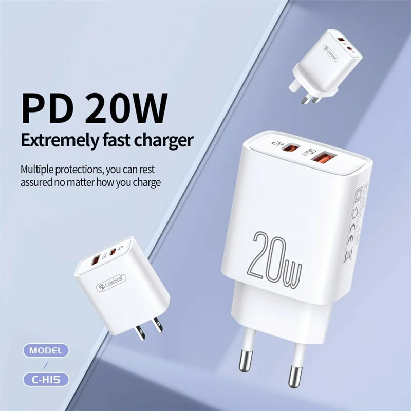 CELEBRAT C-H15 20W EU Plug PD Fast Charger Dual Port USB-A + Type-C Adapter with 1m Charging Cable - Type-C to Type-C Cable