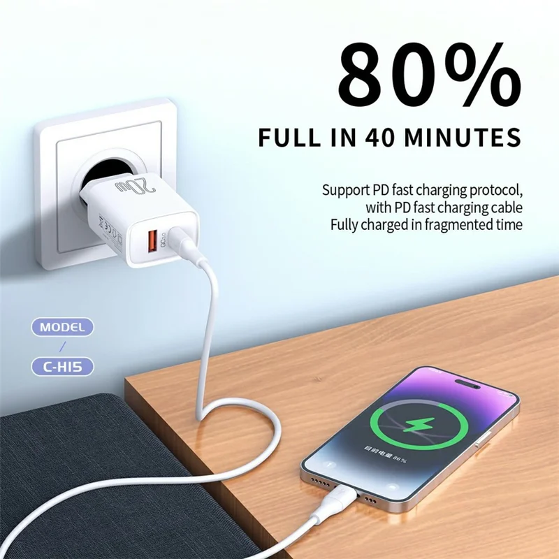 CELEBRAT C-H15 20W EU Plug PD Fast Charger Dual Port USB-A + Type-C Adapter with 1m Charging Cable - Type-C to Type-C Cable