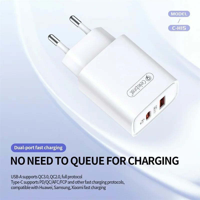 CELEBRAT C-H15 20W EU Plug PD Fast Charger Dual Port USB-A + Type-C Adapter with 1m Charging Cable - Type-C to Type-C Cable