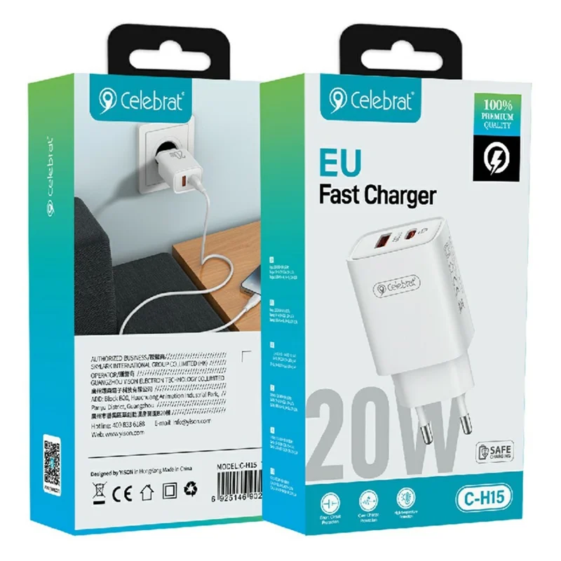 CELEBRAT C-H15 20W EU Plug PD Fast Charger Dual Port USB-A + Type-C Adapter with 1m Charging Cable - Type-C to Type-C Cable