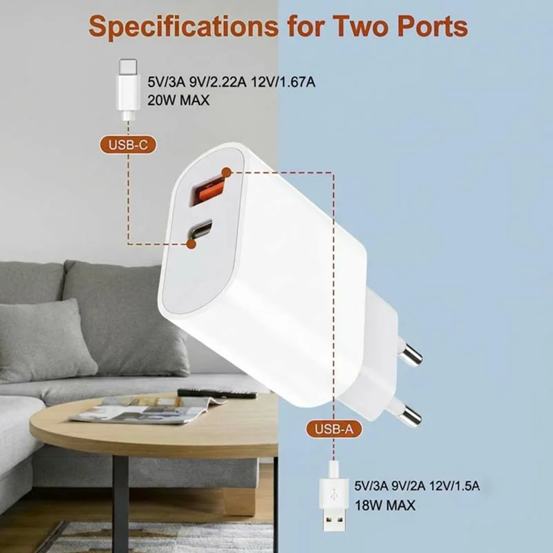 D-POWER 8266 PD 20W Fast Charging Power Adapter USB + Type-C Dual Port Wall Charger, EU Plug - White