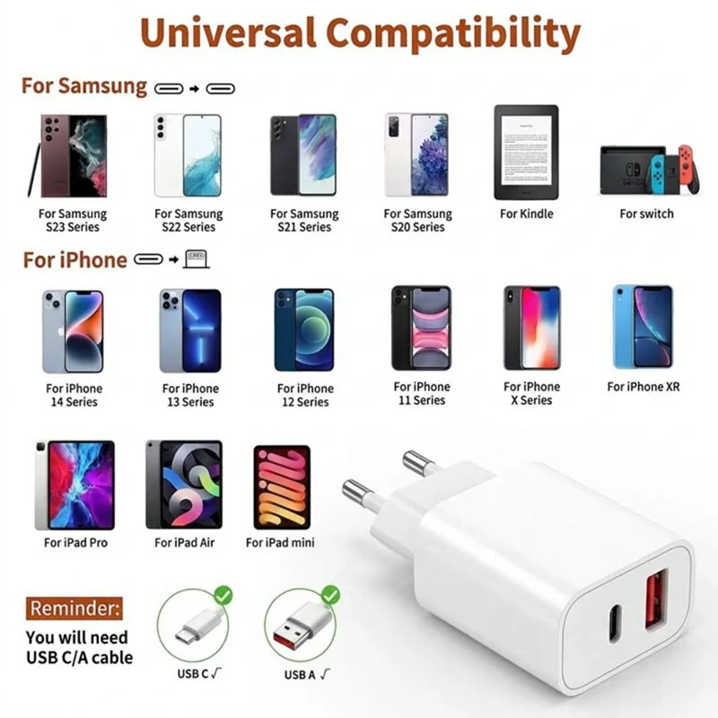 D-POWER 8266 PD 20W Fast Charging Power Adapter USB + Type-C Dual Port Wall Charger, EU Plug - White