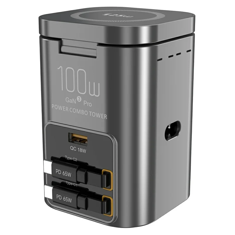 100W Desktop Charging Station 25W Qi2.2 Wireless Charger with Dual 75cm Retractable USB-C Cables - EU Plug