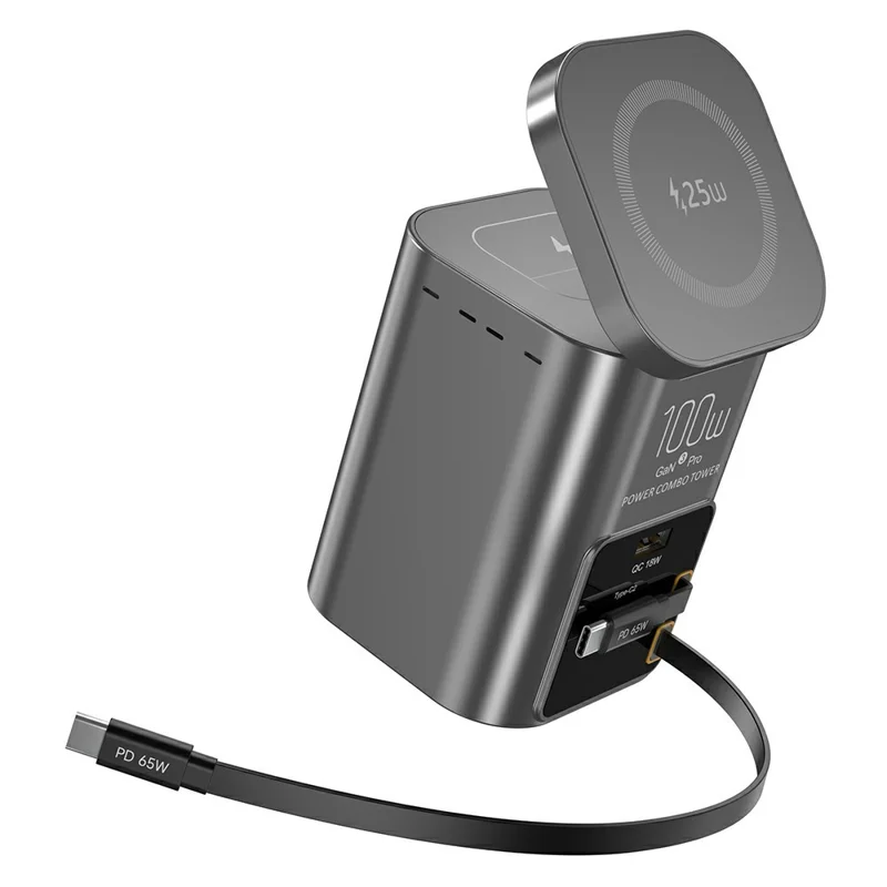 100W Desktop Charging Station 25W Qi2.2 Wireless Charger with Dual 75cm Retractable USB-C Cables - EU Plug
