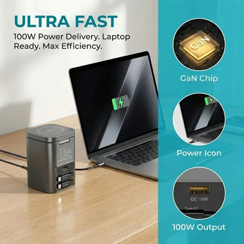 100W Desktop Charging Station 25W Qi2.2 Wireless Charger with Dual 75cm Retractable USB-C Cables - EU Plug