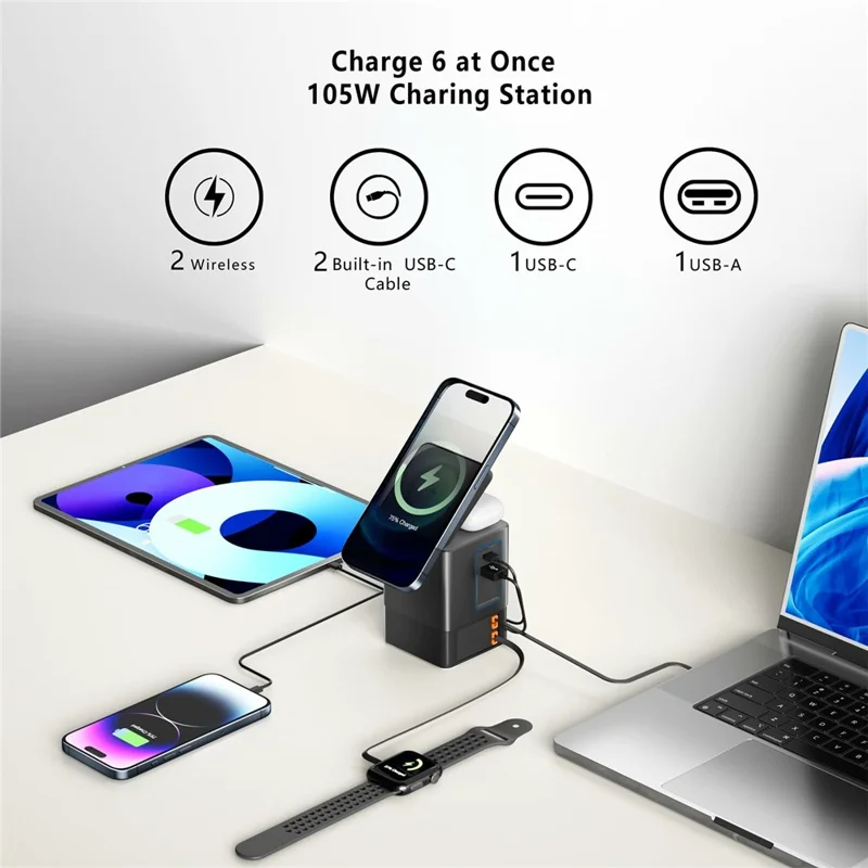 I161MAX 6 in 1 GaN Charging Station with Dual Retractable USB-C Cables 15W Wireless Charger - US Plug