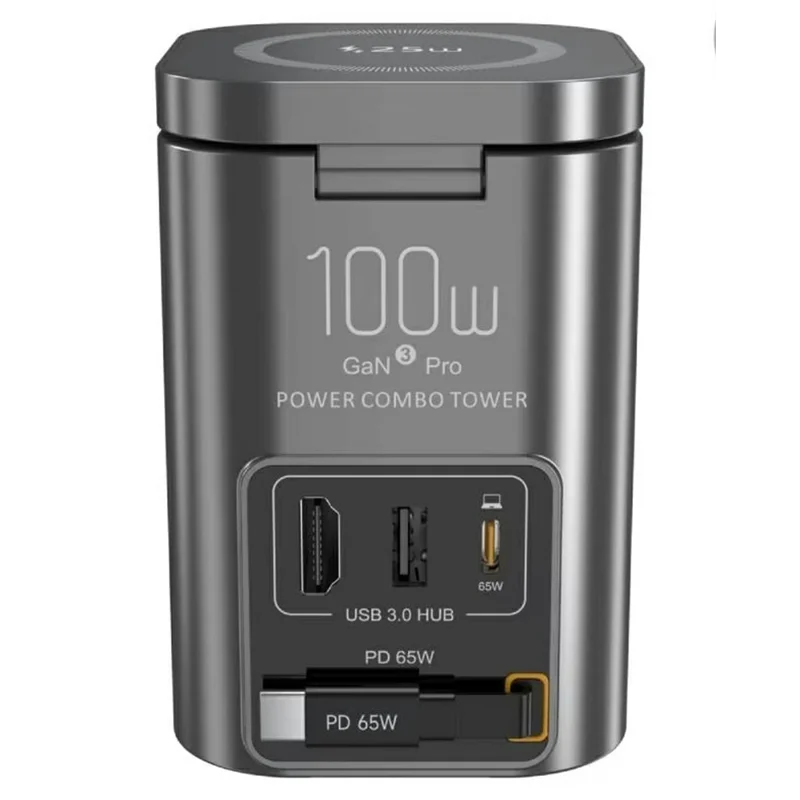 I161D GaN Charging Station 25W Wireless USB 3.0 Hub HD 2.0 65W Retractable USB-C Cable - US Plug