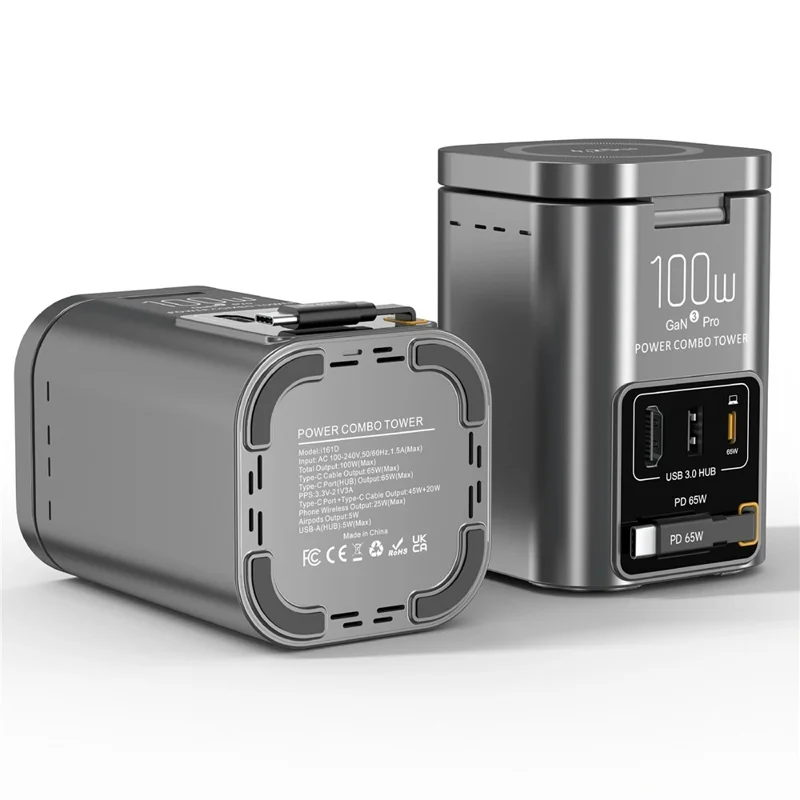 I161D GaN Charging Station 25W Wireless USB 3.0 Hub HD 2.0 65W Retractable USB-C Cable - US Plug