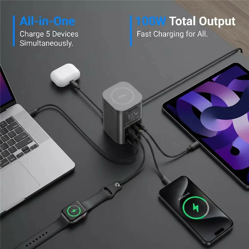 I161D GaN Charging Station 25W Wireless USB 3.0 Hub HD 2.0 65W Retractable USB-C Cable - US Plug