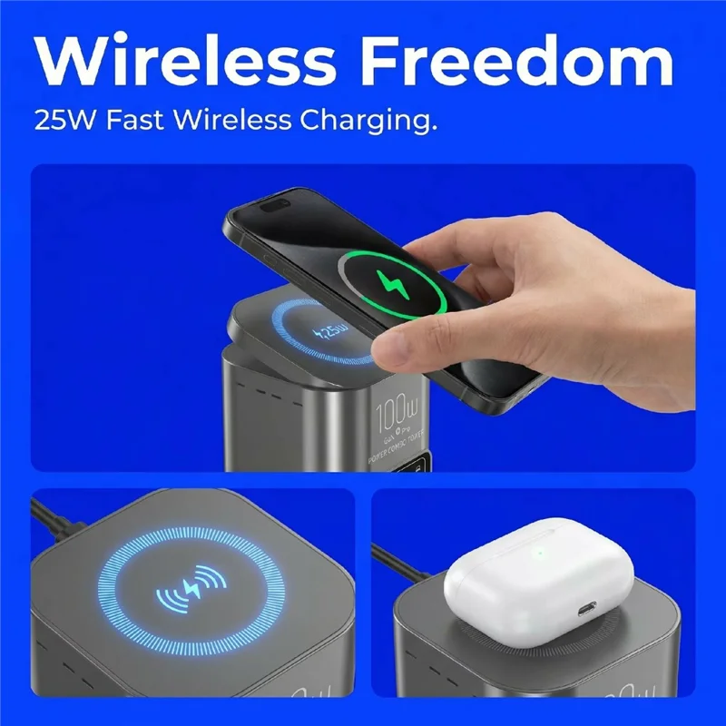 I161D GaN Charging Station 25W Wireless USB 3.0 Hub HD 2.0 65W Retractable USB-C Cable - US Plug