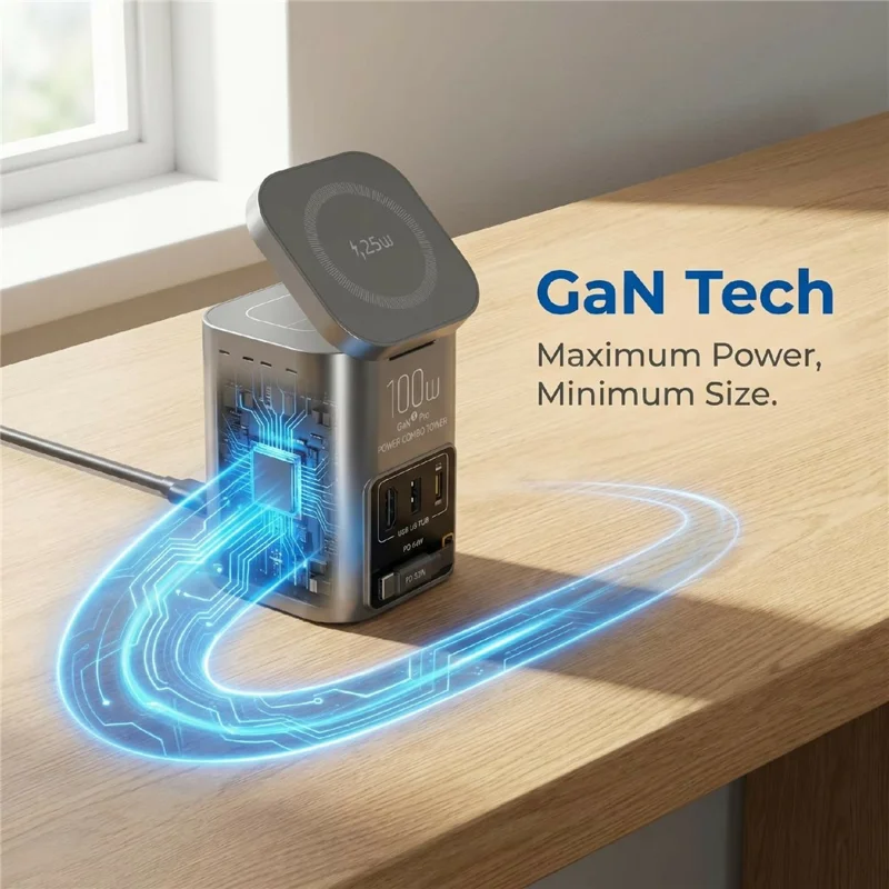 I161D GaN Charging Station 25W Wireless USB 3.0 Hub HD 2.0 65W Retractable USB-C Cable - US Plug