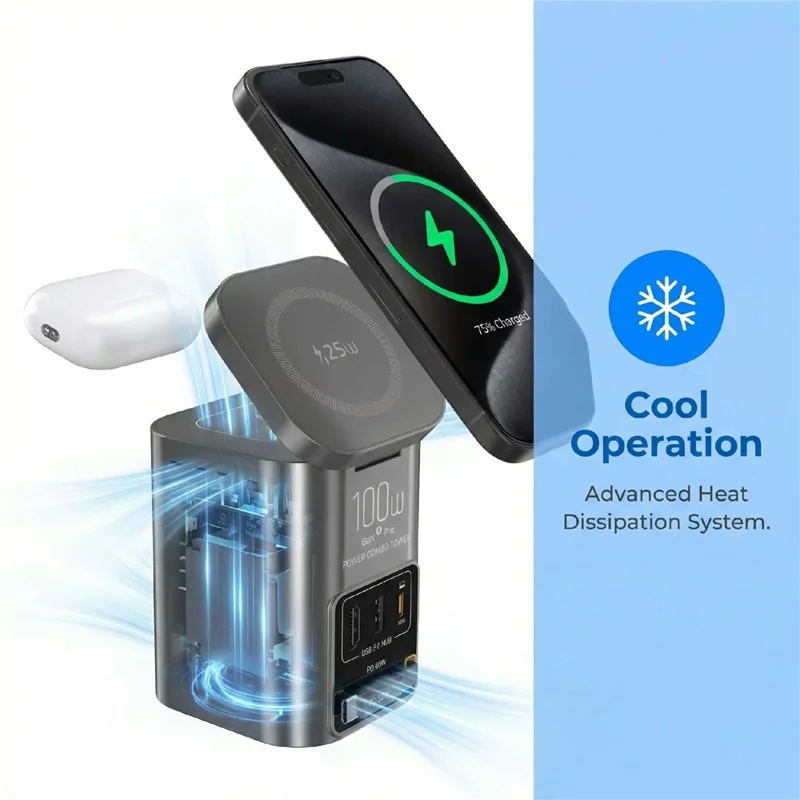 I161D GaN Charging Station 25W Wireless USB 3.0 Hub HD 2.0 65W Retractable USB-C Cable - US Plug