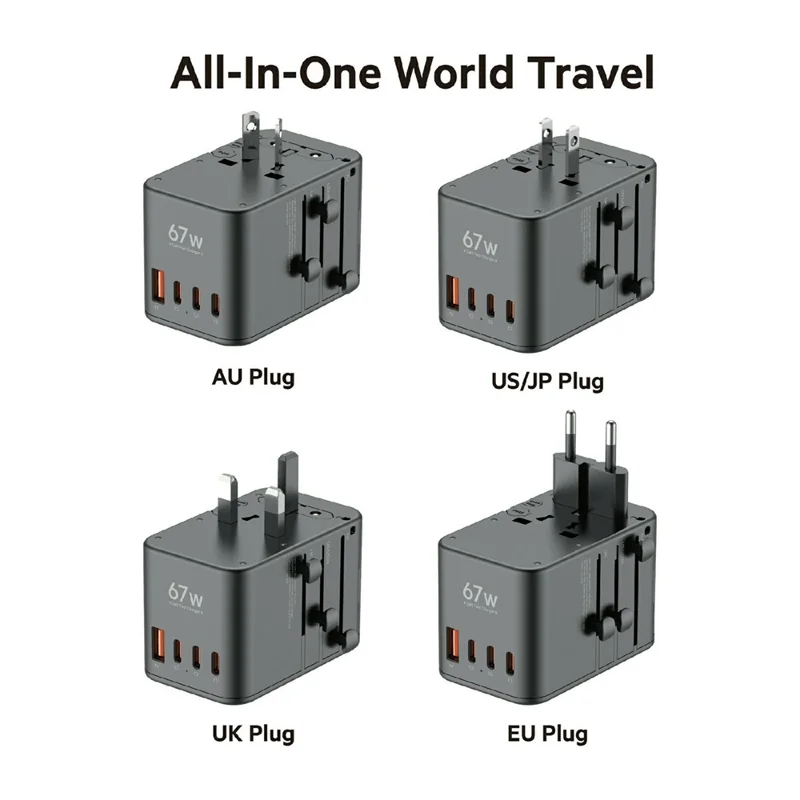 BUDI AC368B67 67W GaN Travel Charger 4-Port USB-C + USB-A PD Universal Adapter - Black