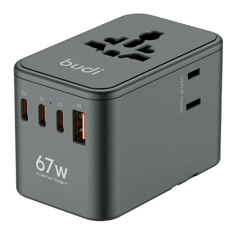 BUDI AC368B67 67W GaN Travel Charger 4-Port USB-C + USB-A PD Universal Adapter - Black