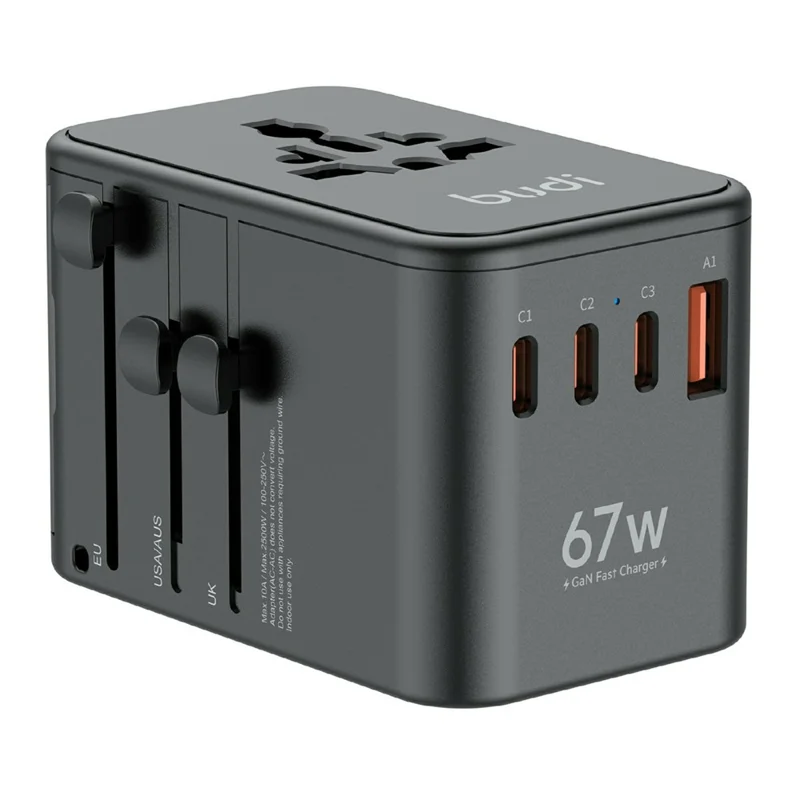 BUDI AC368B67 67W GaN Travel Charger 4-Port USB-C + USB-A PD Universal Adapter - Black