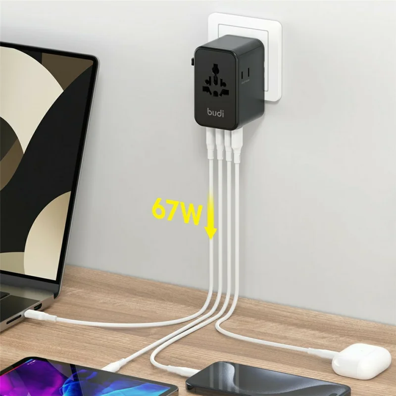BUDI AC368B67 67W GaN Travel Charger 4-Port USB-C + USB-A PD Universal Adapter - Black