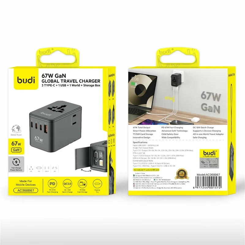 BUDI AC368B67 67W GaN Travel Charger 4-Port USB-C + USB-A PD Universal Adapter - Black