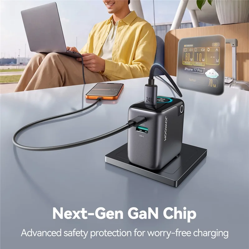 JOYROOM PODIX TF70 70W Single Port Max GaN Charger 3-Port Digital Display Fast Charging Power Adapter, EU Plug - Tarnish