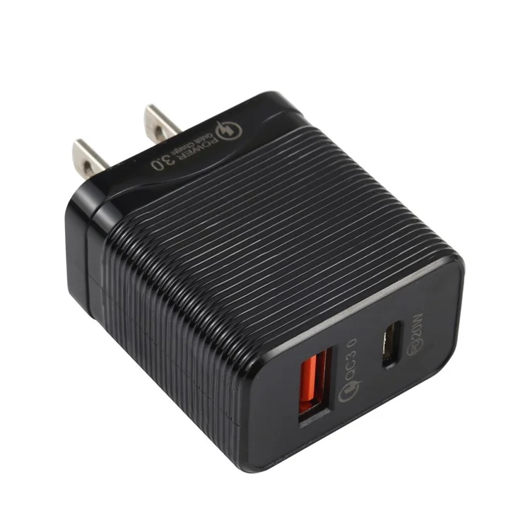 LZ-728 QC 3.0 USB+PD 20W Type-C Travel Wall Charger Fast Charging Phone Adapter for Xiaomi iPhone - Black US Plug