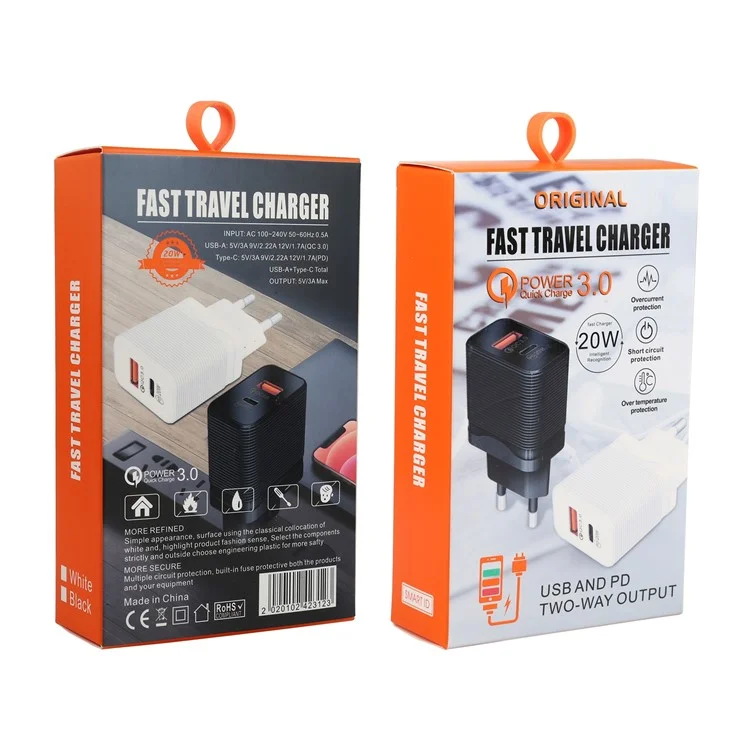 LZ-728 QC 3.0 USB+PD 20W Type-c Travel Wall Charger Быстро Зарядка Телефонная Адаптер Для Xiaomi Iphone - Белый ес