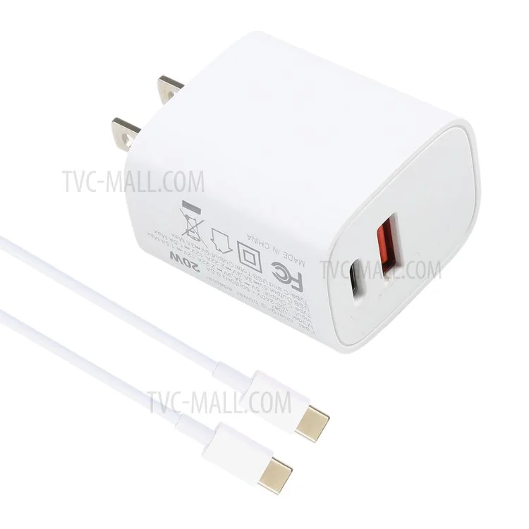 E087 20W Type-C+USB Fast Charging Wall Charger Power Adapter with 1m Type-C to Type-C Cable - US Plug