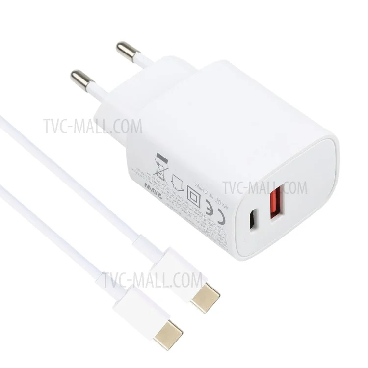 E087 20W Typ-c+usb Schnelles Ladewandladegerät Mit 1m Typ-c Zum Typ-c-kabel - EU -stecker